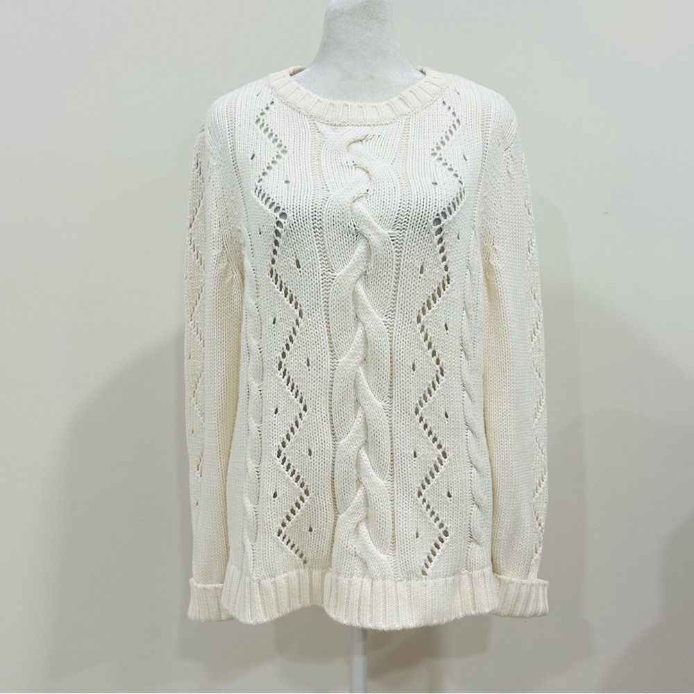 Talbots Cable Knit Sweater Size Medium White Pullover Pointelle Cotton Blend